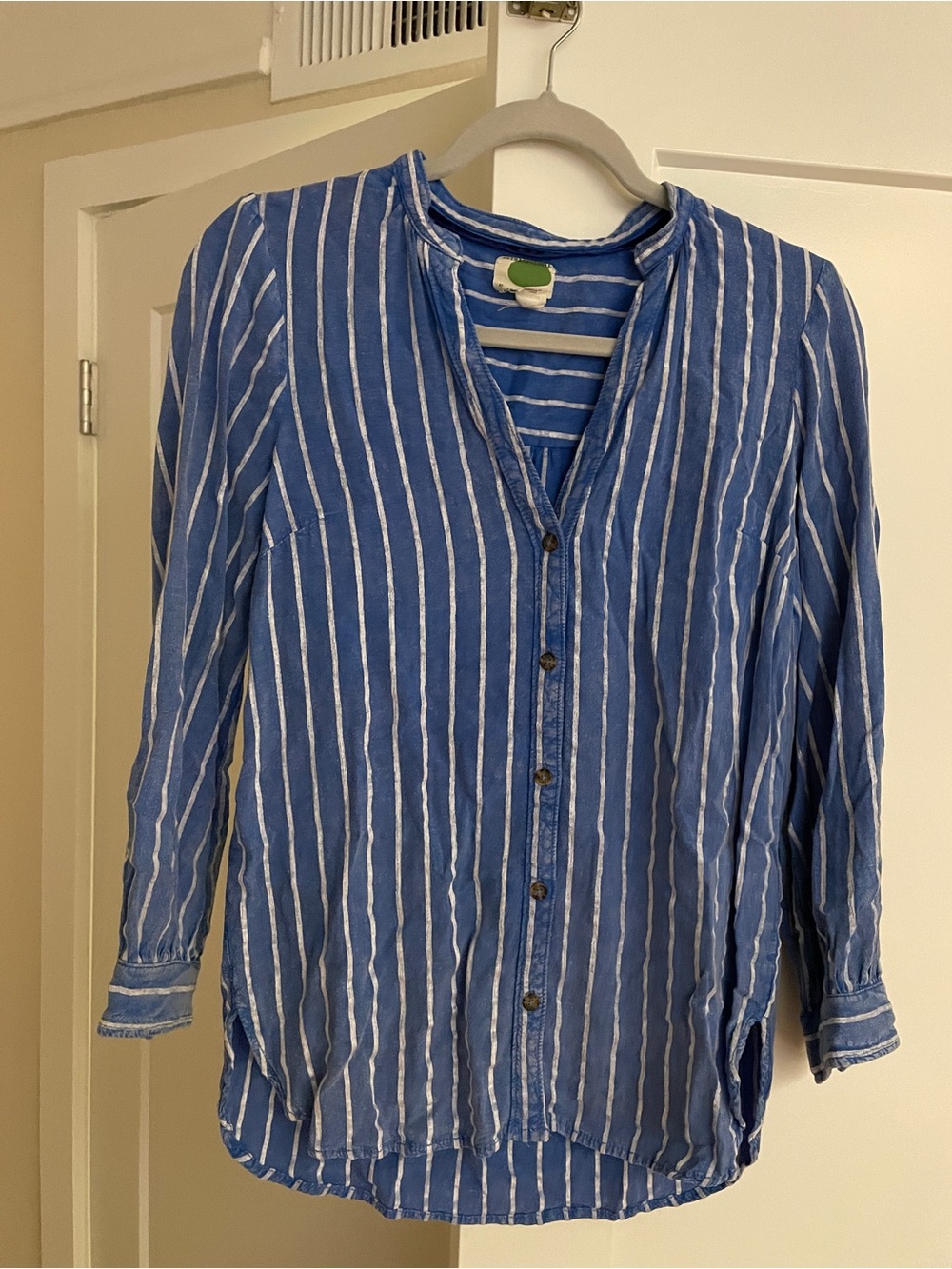 Anthropologie blue and White Vertical Stripe Button-Down Blouse